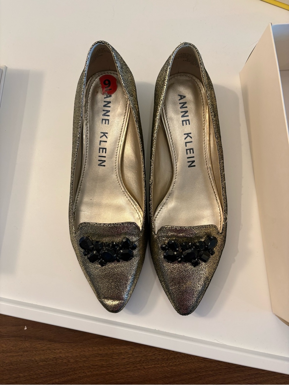 Anne Klein Metallic Gold Pointed Flats with Black Jewel Embellishment